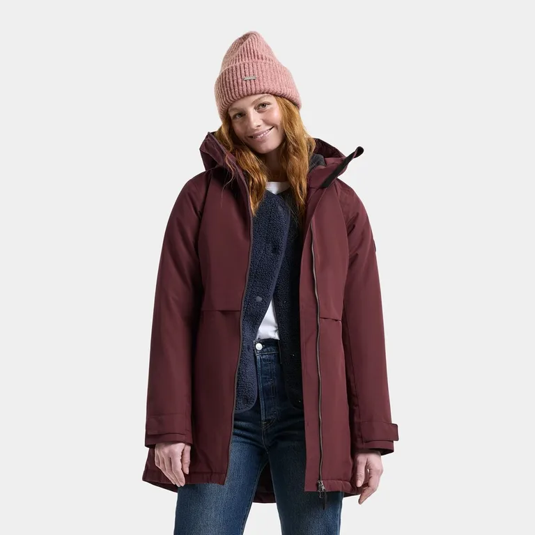 Bordeauxrode Didriksons-parka met gebreide muts